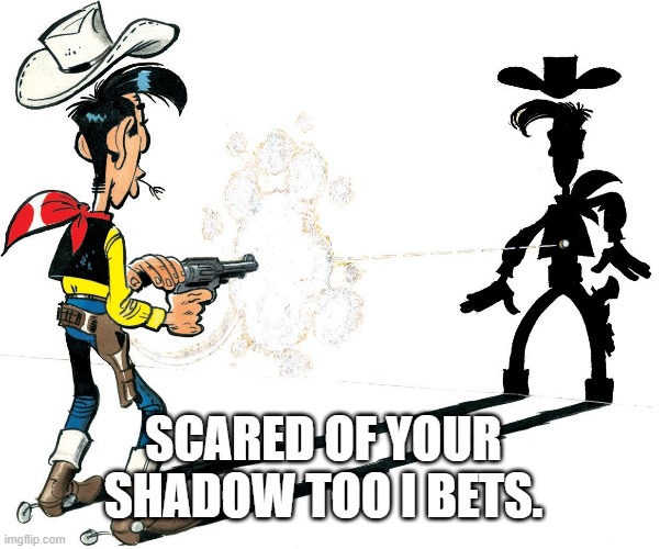 Shadow lucky luke | SCARED OF YOUR SHADOW TOO I BETS. | image tagged in shadow lucky luke | made w/ Imgflip meme maker