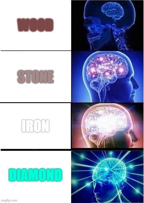 Minecraft Tools | WOOD; STONE; IRON; DIAMOND | image tagged in memes,expanding brain | made w/ Imgflip meme maker