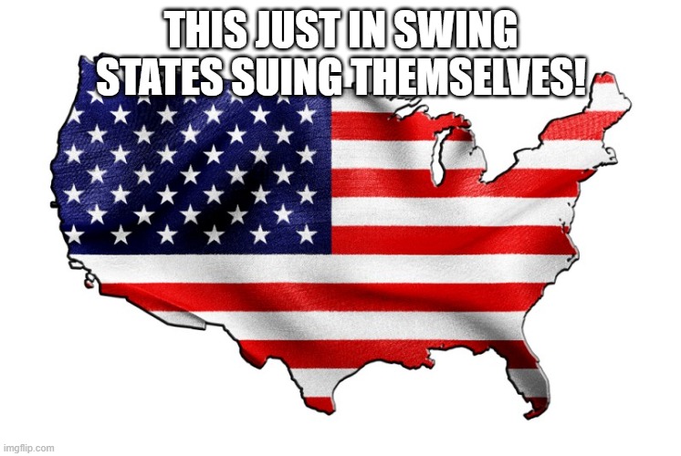Swing states suing themselves | THIS JUST IN SWING STATES SUING THEMSELVES! | image tagged in united states of america,lawsuit,election 2020 | made w/ Imgflip meme maker