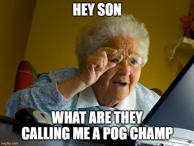 Grandma Finds The Internet | HEY SON; WHAT ARE THEY CALLING ME A POG CHAMP | image tagged in memes,grandma finds the internet | made w/ Imgflip meme maker