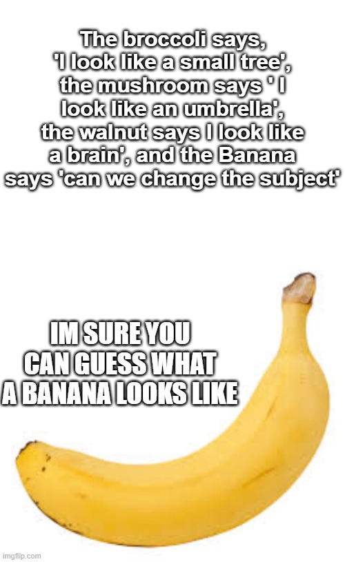 Dont make the comparison | The broccoli says, 'I look like a small tree', the mushroom says ' I look like an umbrella', the walnut says I look like a brain', and the Banana says 'can we change the subject'; IM SURE YOU CAN GUESS WHAT A BANANA LOOKS LIKE | image tagged in blank white template | made w/ Imgflip meme maker