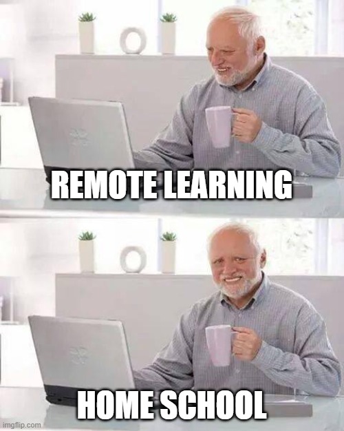 Hide the Pain Harold Meme | REMOTE LEARNING; HOME SCHOOL | image tagged in memes,hide the pain harold | made w/ Imgflip meme maker