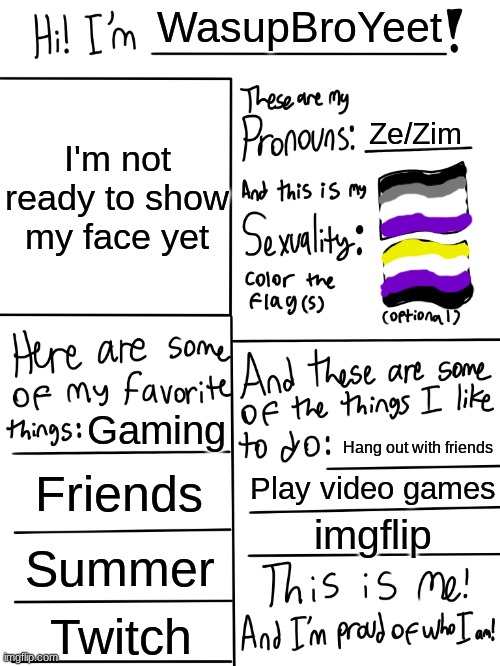 Everyone else was doing it, so... | WasupBroYeet; I'm not ready to show my face yet; Ze/Zim; Gaming; Hang out with friends; Friends; Play video games; imgflip; Summer; Twitch | image tagged in lgbtq stream account profile | made w/ Imgflip meme maker