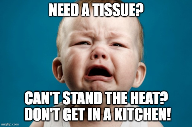Waaaaahhhhhh! | NEED A TISSUE? CAN'T STAND THE HEAT?  DON'T GET IN A KITCHEN! | image tagged in waaaaahhhhhh | made w/ Imgflip meme maker