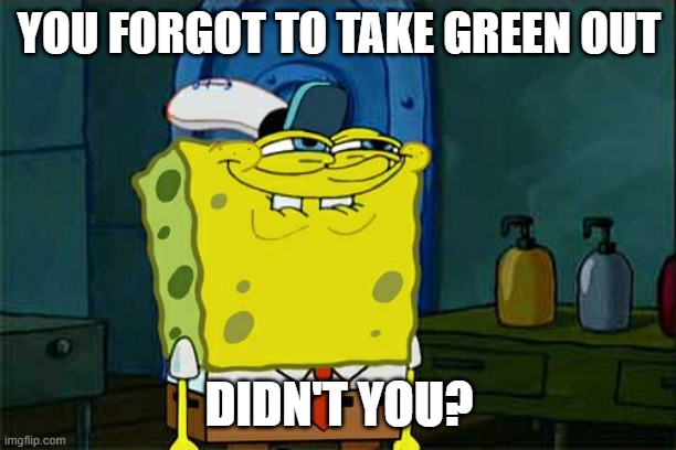 Don't You Squidward Meme | YOU FORGOT TO TAKE GREEN OUT DIDN'T YOU? | image tagged in memes,don't you squidward | made w/ Imgflip meme maker