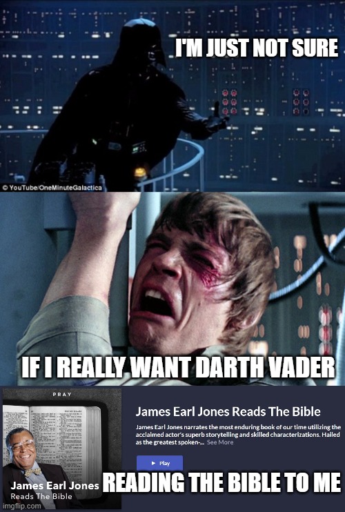 James Earl Jones Reads the Bible | I'M JUST NOT SURE; IF I REALLY WANT DARTH VADER; READING THE BIBLE TO ME | image tagged in darth vader luke skywalker | made w/ Imgflip meme maker