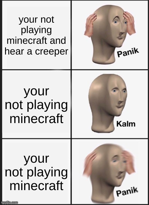 Panik Kalm Panik | your not playing minecraft and hear a creeper; your not playing minecraft; your not playing minecraft | image tagged in memes,panik kalm panik | made w/ Imgflip meme maker