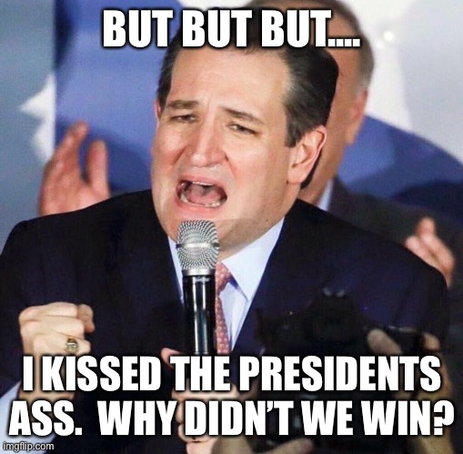Ted Cruz Singing | BUT BUT BUT.... I KISSED THE PRESIDENTS ASS.  WHY DIDN’T WE WIN? | image tagged in ted cruz singing | made w/ Imgflip meme maker