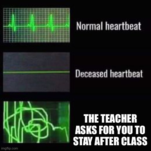 heartbeat rate | THE TEACHER ASKS FOR YOU TO STAY AFTER CLASS | image tagged in heartbeat rate | made w/ Imgflip meme maker