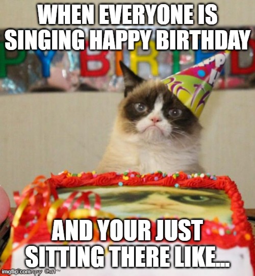 Grumpy Cat Birthday | WHEN EVERYONE IS SINGING HAPPY BIRTHDAY; AND YOUR JUST SITTING THERE LIKE... | image tagged in memes,grumpy cat birthday,grumpy cat | made w/ Imgflip meme maker