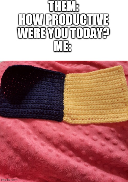 OnLy CrOcHeTeRs WiLl  UnDeRsTaNd | THEM: HOW PRODUCTIVE WERE YOU TODAY?
ME: | made w/ Imgflip meme maker