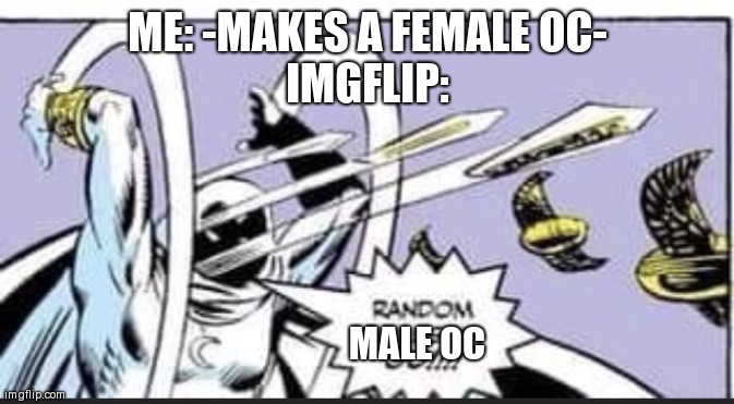 Because all of my OCs must be shipped immediately- (This Time by making a male one Coming Soon!) | ME: -MAKES A FEMALE OC-
IMGFLIP:; MALE OC | image tagged in random bullshit go | made w/ Imgflip meme maker