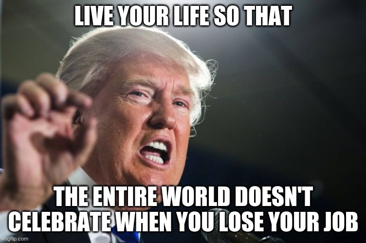 donald trump | LIVE YOUR LIFE SO THAT; THE ENTIRE WORLD DOESN'T CELEBRATE WHEN YOU LOSE YOUR JOB | image tagged in donald trump | made w/ Imgflip meme maker