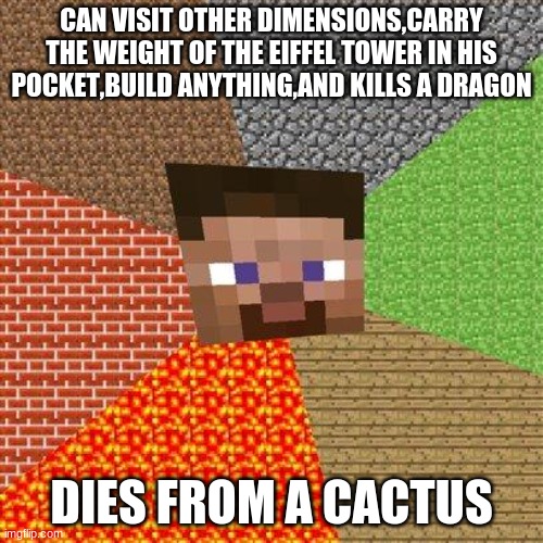 Minecraft Steve | CAN VISIT OTHER DIMENSIONS,CARRY THE WEIGHT OF THE EIFFEL TOWER IN HIS POCKET,BUILD ANYTHING,AND KILLS A DRAGON; DIES FROM A CACTUS | image tagged in minecraft steve | made w/ Imgflip meme maker