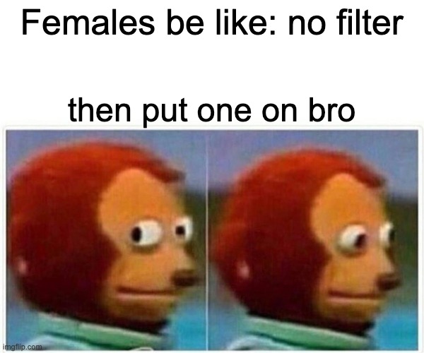 Monkey Puppet | Females be like: no filter; then put one on bro | image tagged in memes,monkey puppet | made w/ Imgflip meme maker