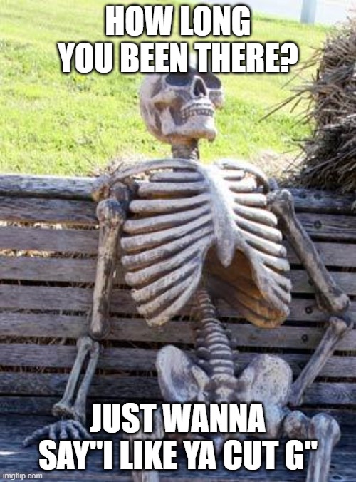 cut g | HOW LONG YOU BEEN THERE? JUST WANNA SAY"I LIKE YA CUT G" | image tagged in memes,waiting skeleton | made w/ Imgflip meme maker