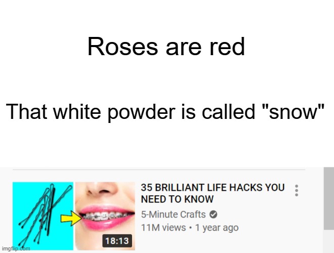 what on earth happened to 5-minute crafts? i dont think i want to do that |  Roses are red; That white powder is called "snow" | image tagged in disgusting,braces,5 minute crafts,memes,funny | made w/ Imgflip meme maker