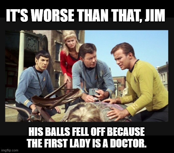 He's dead Jim | IT'S WORSE THAN THAT, JIM; HIS BALLS FELL OFF BECAUSE THE FIRST LADY IS A DOCTOR. | image tagged in he's dead jim | made w/ Imgflip meme maker