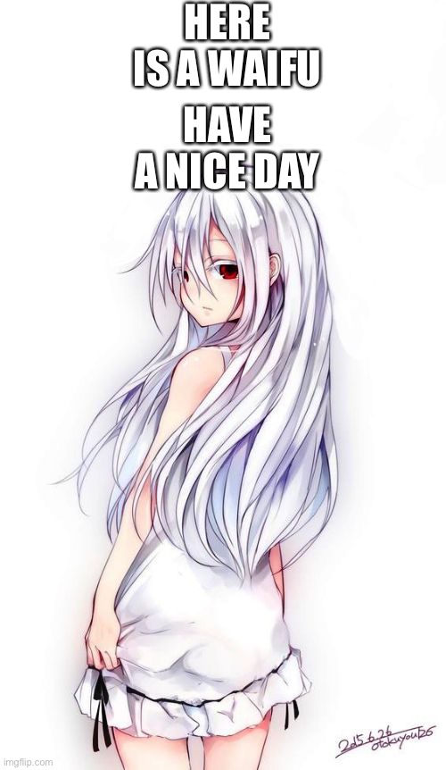 Here you go | HERE IS A WAIFU; HAVE A NICE DAY | image tagged in hot anime goodnite | made w/ Imgflip meme maker