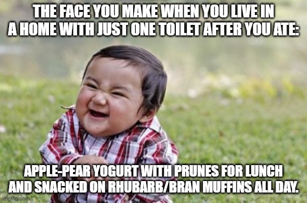 Poop face |  THE FACE YOU MAKE WHEN YOU LIVE IN A HOME WITH JUST ONE TOILET AFTER YOU ATE:; APPLE-PEAR YOGURT WITH PRUNES FOR LUNCH AND SNACKED ON RHUBARB/BRAN MUFFINS ALL DAY. | image tagged in memes,evil toddler,constipation,muffin,apples,toilet humor | made w/ Imgflip meme maker