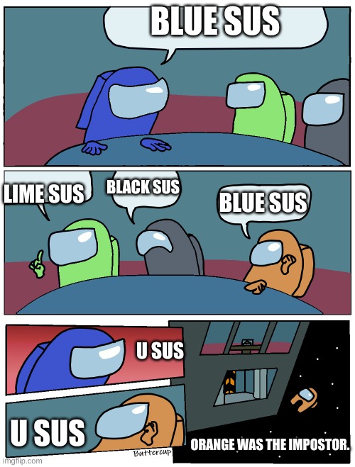 Sorry for not posting earlier! | BLUE SUS; LIME SUS; BLACK SUS; BLUE SUS; U SUS; U SUS; ORANGE WAS THE IMPOSTOR. | image tagged in among us meeting | made w/ Imgflip meme maker