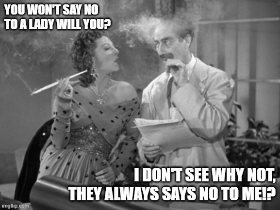 Groucho Marx as Ronald Kornblow, A Night In Casablanca | YOU WON'T SAY NO TO A LADY WILL YOU? I DON'T SEE WHY NOT, THEY ALWAYS SAYS NO TO ME!? | image tagged in groucho marx,casablanca,the marx brothers,comedy | made w/ Imgflip meme maker