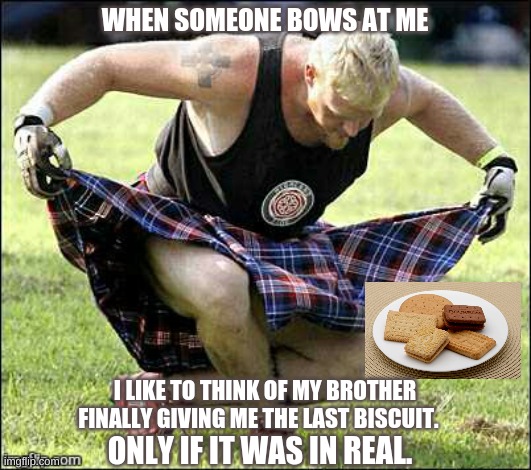 I love food. | WHEN SOMEONE BOWS AT ME; I LIKE TO THINK OF MY BROTHER FINALLY GIVING ME THE LAST BISCUIT. ONLY IF IT WAS IN REAL. | image tagged in bow | made w/ Imgflip meme maker