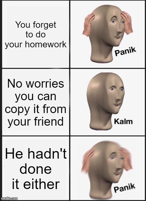 True Story | You forget to do your homework; No worries you can copy it from your friend; He hadn't done it either | image tagged in memes,panik kalm panik | made w/ Imgflip meme maker