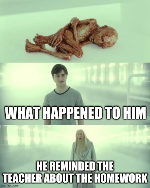 Dead Baby Voldemort / What Happened To Him | WHAT HAPPENED TO HIM; HE REMINDED THE TEACHER ABOUT THE HOMEWORK | image tagged in dead baby voldemort / what happened to him | made w/ Imgflip meme maker