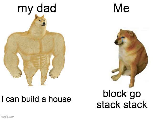 i wish i was dad | my dad; Me; I can build a house; block go stack stack | image tagged in memes,buff doge vs cheems | made w/ Imgflip meme maker