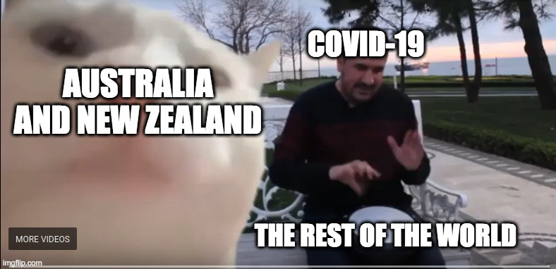 Why arent we like Australia and New Zealand? | COVID-19; AUSTRALIA AND NEW ZEALAND; THE REST OF THE WORLD | image tagged in vibing cat,the world,coronavirus,covid-19 | made w/ Imgflip meme maker