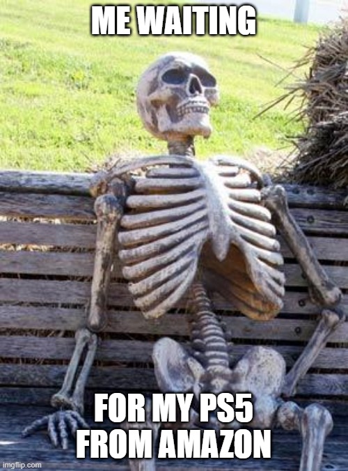 Waiting Skeleton Meme | ME WAITING FOR MY PS5 FROM AMAZON | image tagged in memes,waiting skeleton | made w/ Imgflip meme maker
