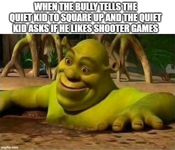 S**t is about to go down | WHEN THE BULLY TELLS THE QUIET KID TO SQUARE UP AND THE QUIET KID ASKS IF HE LIKES SHOOTER GAMES | image tagged in shrek | made w/ Imgflip meme maker