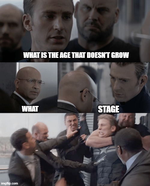 cap | WHAT IS THE AGE THAT DOESN’T GROW; STAGE; WHAT | image tagged in captain america elevator | made w/ Imgflip meme maker