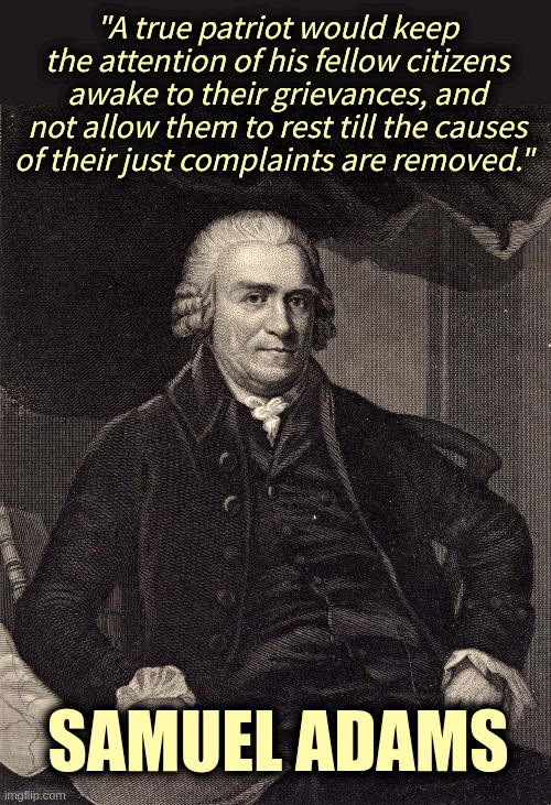 Who are YOU?? | "A true patriot would keep the attention of his fellow citizens awake to their grievances, and not allow them to rest till the causes of their just complaints are removed."; SAMUEL ADAMS | image tagged in patriot,sam adams,truth | made w/ Imgflip meme maker