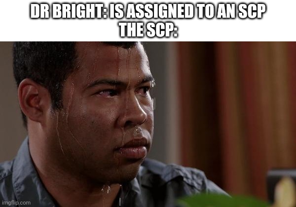 sweating bullets | DR BRIGHT: IS ASSIGNED TO AN SCP
THE SCP: | image tagged in sweating bullets,scp meme,scp,dr bright | made w/ Imgflip meme maker