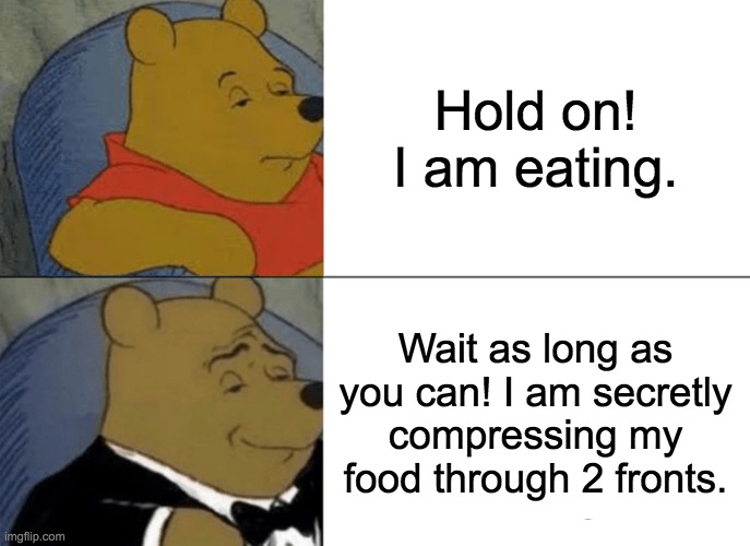 Tuxedo Winnie The Pooh Meme | Hold on! I am eating. Wait as long as you can! I am secretly compressing my food through 2 fronts. | image tagged in memes,tuxedo winnie the pooh | made w/ Imgflip meme maker