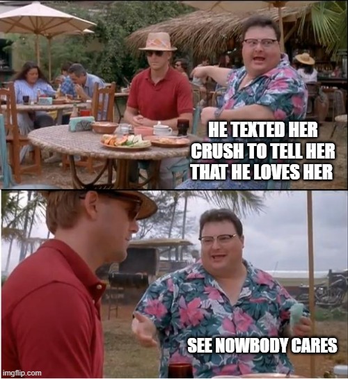 See Nobody Cares Meme | HE TEXTED HER CRUSH TO TELL HER THAT HE LOVES HER; SEE NOWBODY CARES | image tagged in memes,see nobody cares | made w/ Imgflip meme maker