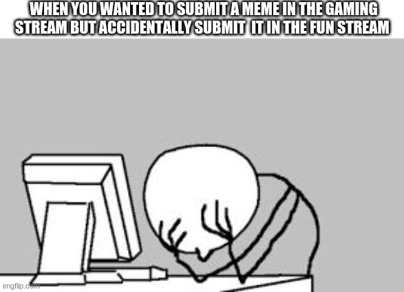 FACEPALM STICKMAN COMPUTER | WHEN YOU WANTED TO SUBMIT A MEME IN THE GAMING STREAM BUT ACCIDENTALLY SUBMIT  IT IN THE FUN STREAM | image tagged in facepalm stickman computer | made w/ Imgflip meme maker