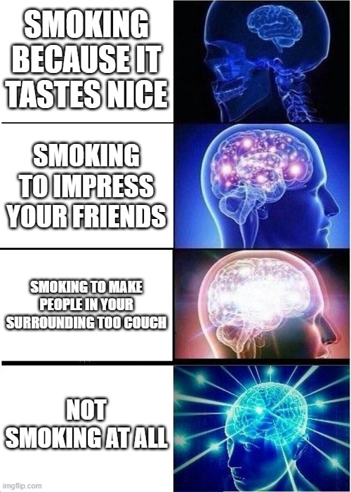 Expanding Brain Meme | SMOKING BECAUSE IT TASTES NICE; SMOKING TO IMPRESS YOUR FRIENDS; SMOKING TO MAKE PEOPLE IN YOUR SURROUNDING TOO COUCH; NOT SMOKING AT ALL | image tagged in memes,expanding brain | made w/ Imgflip meme maker