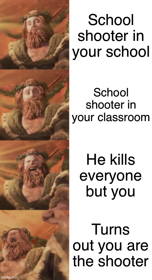 Lollipop | School shooter in your school; School shooter in your classroom; He kills everyone but you; Turns out you are the shooter | image tagged in ghost of christmas present,funny,memes,dark,laughing hysterically,school shooter | made w/ Imgflip meme maker