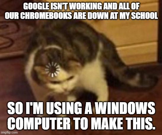 y tho | GOOGLE ISN'T WORKING AND ALL OF OUR CHROMEBOOKS ARE DOWN AT MY SCHOOL; SO I'M USING A WINDOWS COMPUTER TO MAKE THIS. | image tagged in loading cat | made w/ Imgflip meme maker