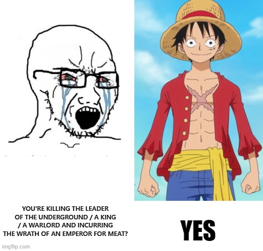 THE POWER OF MEAT | YES; YOU'RE KILLING THE LEADER OF THE UNDERGROUND / A KING / A WARLORD AND INCURRING THE WRATH OF AN EMPEROR FOR MEAT? | image tagged in nooo soyboy,one piece | made w/ Imgflip meme maker