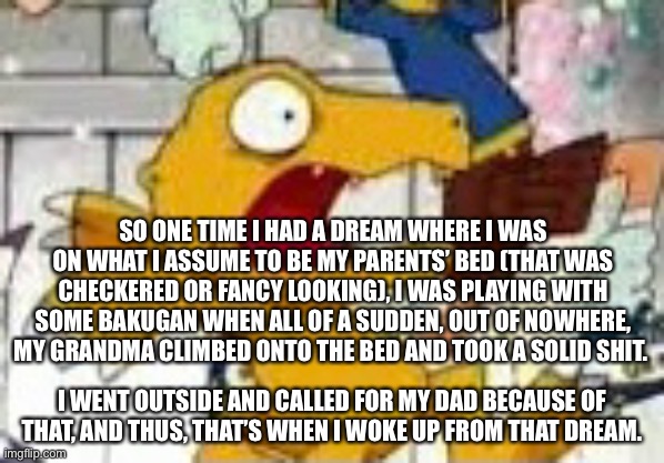 SO ONE TIME I HAD A DREAM WHERE I WAS ON WHAT I ASSUME TO BE MY PARENTS’ BED (THAT WAS CHECKERED OR FANCY LOOKING), I WAS PLAYING WITH SOME BAKUGAN WHEN ALL OF A SUDDEN, OUT OF NOWHERE, MY GRANDMA CLIMBED ONTO THE BED AND TOOK A SOLID SHIT. I WENT OUTSIDE AND CALLED FOR MY DAD BECAUSE OF THAT, AND THUS, THAT’S WHEN I WOKE UP FROM THAT DREAM. | made w/ Imgflip meme maker