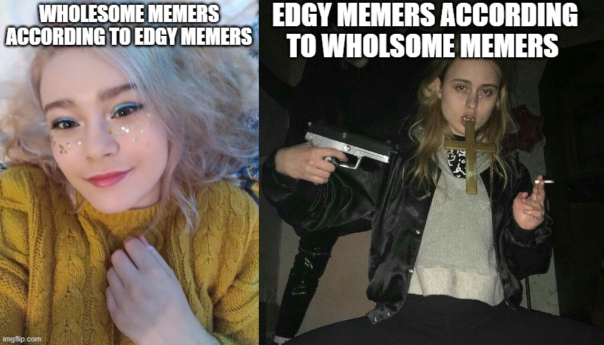 Choose your fighter ! | EDGY MEMERS ACCORDING TO WHOLSOME MEMERS; WHOLESOME MEMERS ACCORDING TO EDGY MEMERS | image tagged in memes,type of memers,wholesome,edgy,according to | made w/ Imgflip meme maker