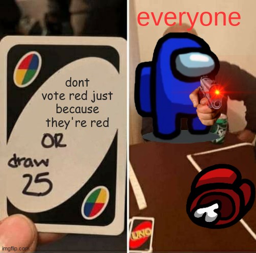 THE RED SHALL ALWAYS BE SUS!!!!!!!! | everyone; dont vote red just because they're red | image tagged in red sus,memes,among us,uno draw 25 cards,sus | made w/ Imgflip meme maker