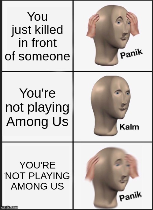 Amung Us | You just killed in front of someone; You're not playing Among Us; YOU'RE NOT PLAYING AMONG US | image tagged in memes,panik kalm panik | made w/ Imgflip meme maker