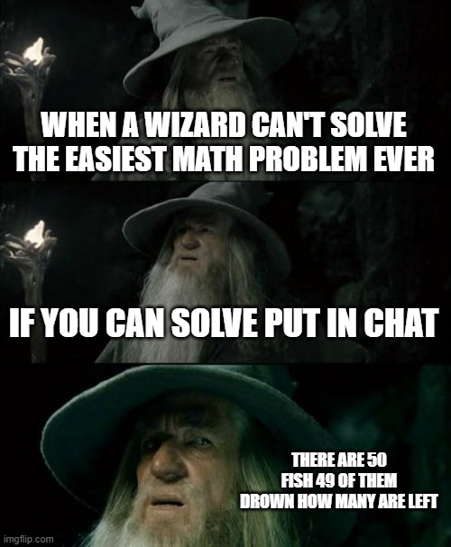 Confused Gandalf | WHEN A WIZARD CAN'T SOLVE THE EASIEST MATH PROBLEM EVER; IF YOU CAN SOLVE PUT IN CHAT; THERE ARE 50 FISH 49 OF THEM DROWN HOW MANY ARE LEFT | image tagged in memes,confused gandalf | made w/ Imgflip meme maker