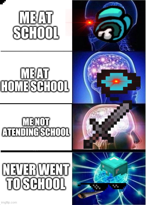 Expanding Brain Meme | ME AT SCHOOL; ME AT HOME SCHOOL; ME NOT ATENDING SCHOOL; NEVER WENT TO SCHOOL | image tagged in memes,expanding brain | made w/ Imgflip meme maker