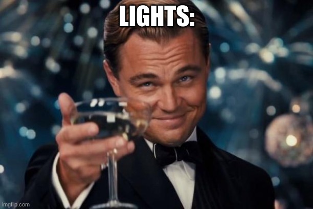 Leonardo Dicaprio Cheers Meme | LIGHTS: | image tagged in memes,leonardo dicaprio cheers | made w/ Imgflip meme maker